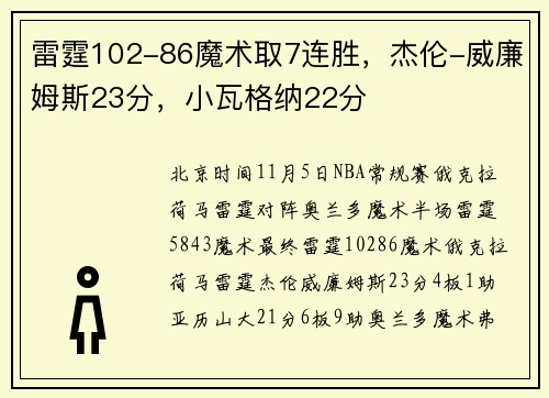 雷霆102-86魔术取7连胜,杰伦-威廉姆斯23分,小瓦格纳22分