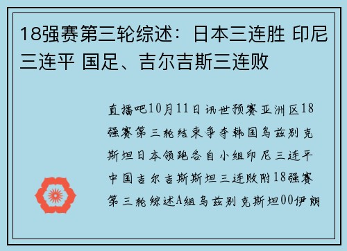18强赛第三轮综述：日本三连胜 印尼三连平 国足、吉尔吉斯三连败