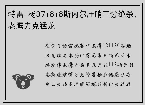 特雷-杨37+6+6斯内尔压哨三分绝杀,老鹰力克猛龙